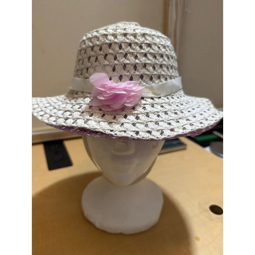 Girls White Purple Woven Straw Sun Hat Pink Flower Ribbon Accent Chin Strap